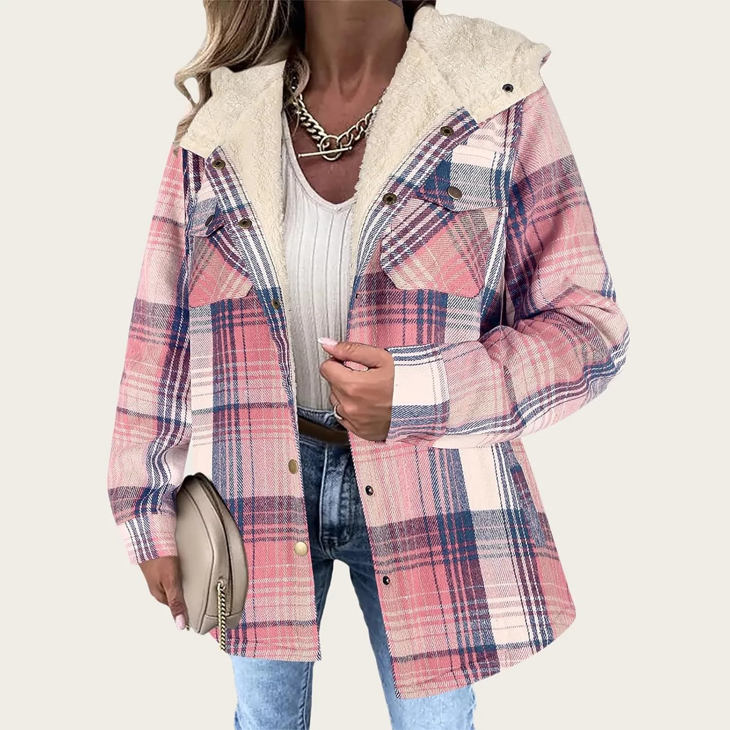 Womens Plaid Shacket Jacket Long Sleeve Button Down Fleece Hooded Jacket Warm Coat Casual Sherpa Fleece Lined Jacket