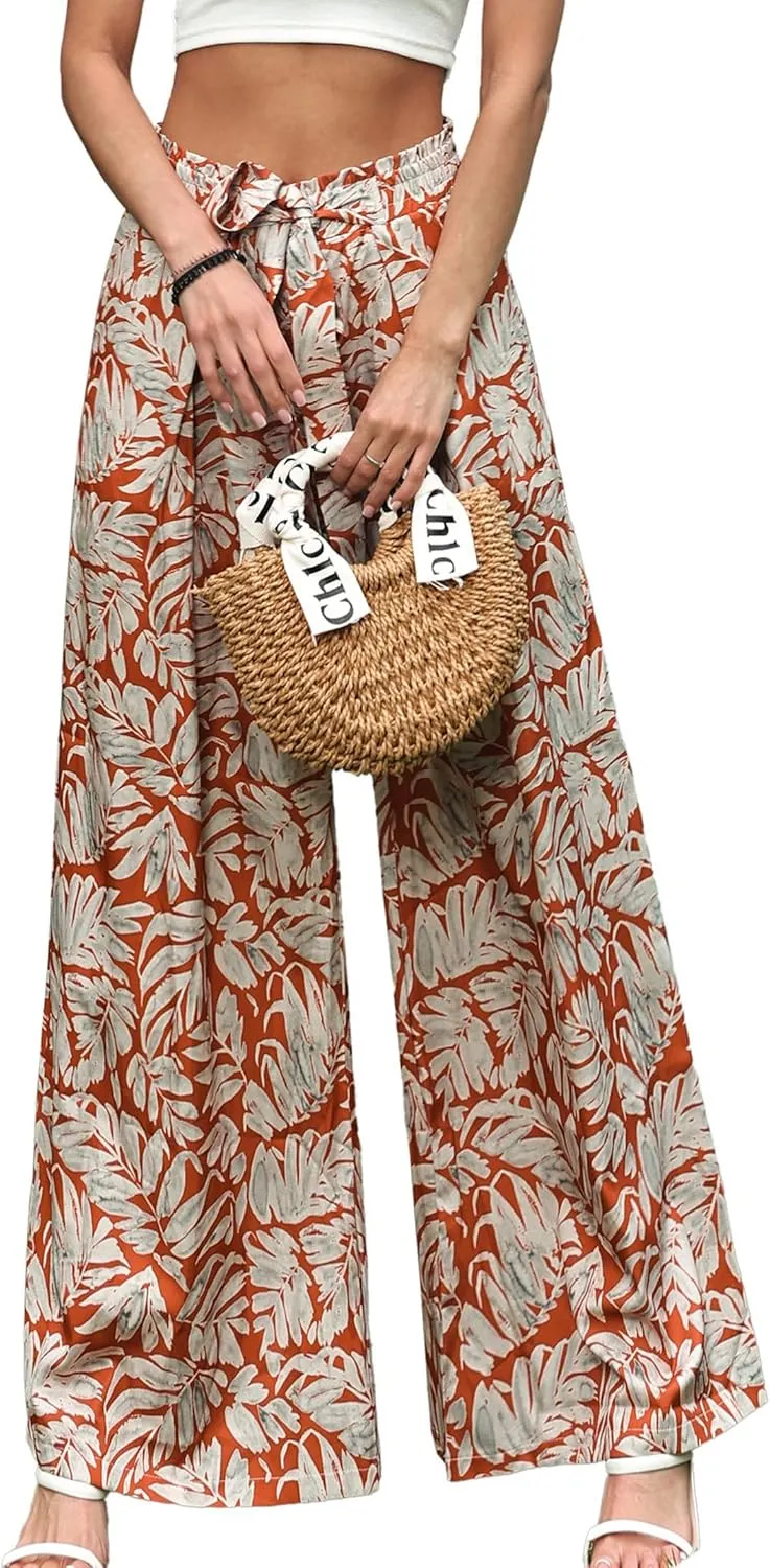 Womens Printed Wide Leg Pants Ruffle Elastic Drawstring Beach Vacation Palazzo Loose Comfy Trousers with Pockets