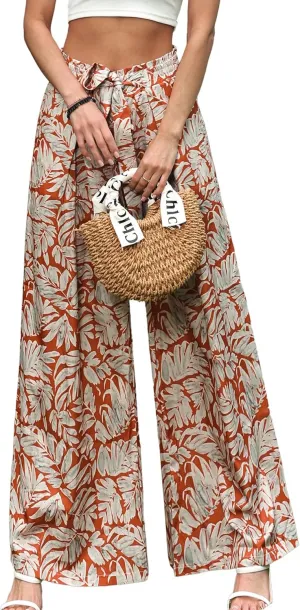 Womens Printed Wide Leg Pants Ruffle Elastic Drawstring Beach Vacation Palazzo Loose Comfy Trousers with Pockets