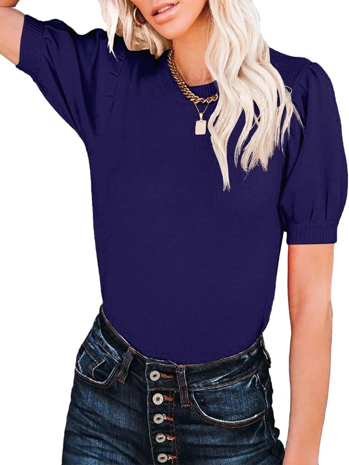 Womens Puff Short Sleeve Sweater Tops Crewneck Basic Knit Pullover Lightweight Solid Casual Sweaters Blouse
