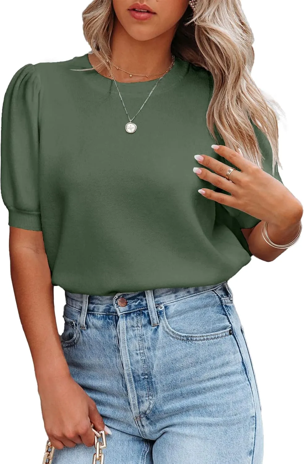 Womens Puff Short Sleeve Sweater Tops Crewneck Basic Knit Pullover Lightweight Solid Casual Sweaters Blouse