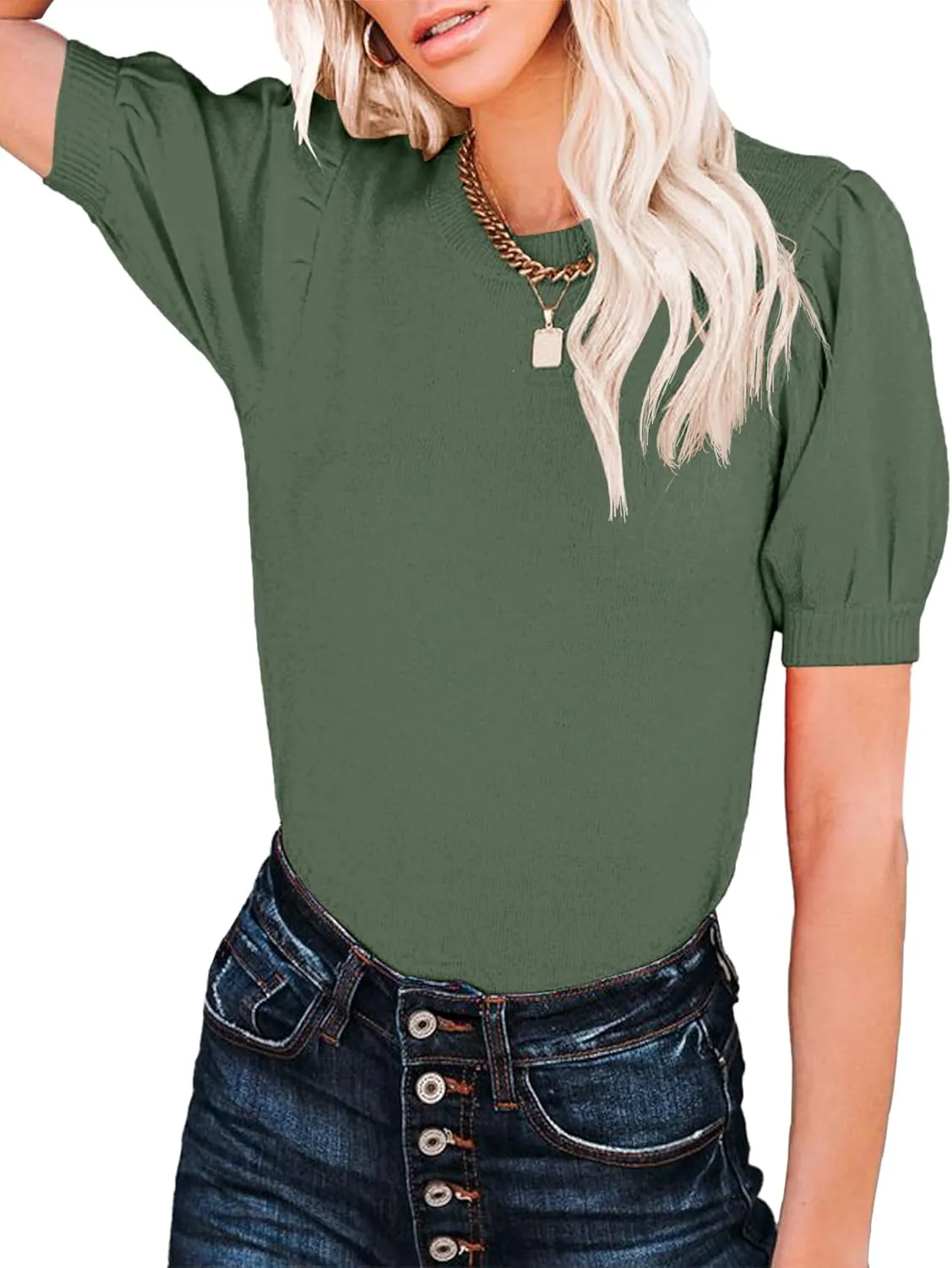 Womens Puff Short Sleeve Sweater Tops Crewneck Basic Knit Pullover Lightweight Solid Casual Sweaters Blouse