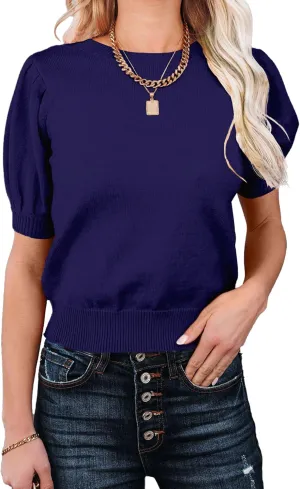 Womens Puff Short Sleeve Sweater Tops Crewneck Basic Knit Pullover Lightweight Solid Casual Sweaters Blouse