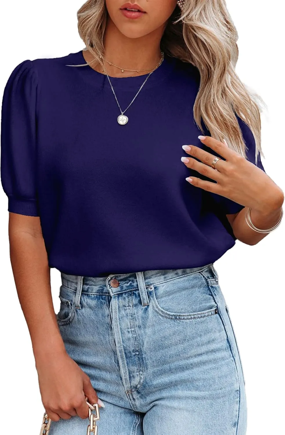 Womens Puff Short Sleeve Sweater Tops Crewneck Basic Knit Pullover Lightweight Solid Casual Sweaters Blouse