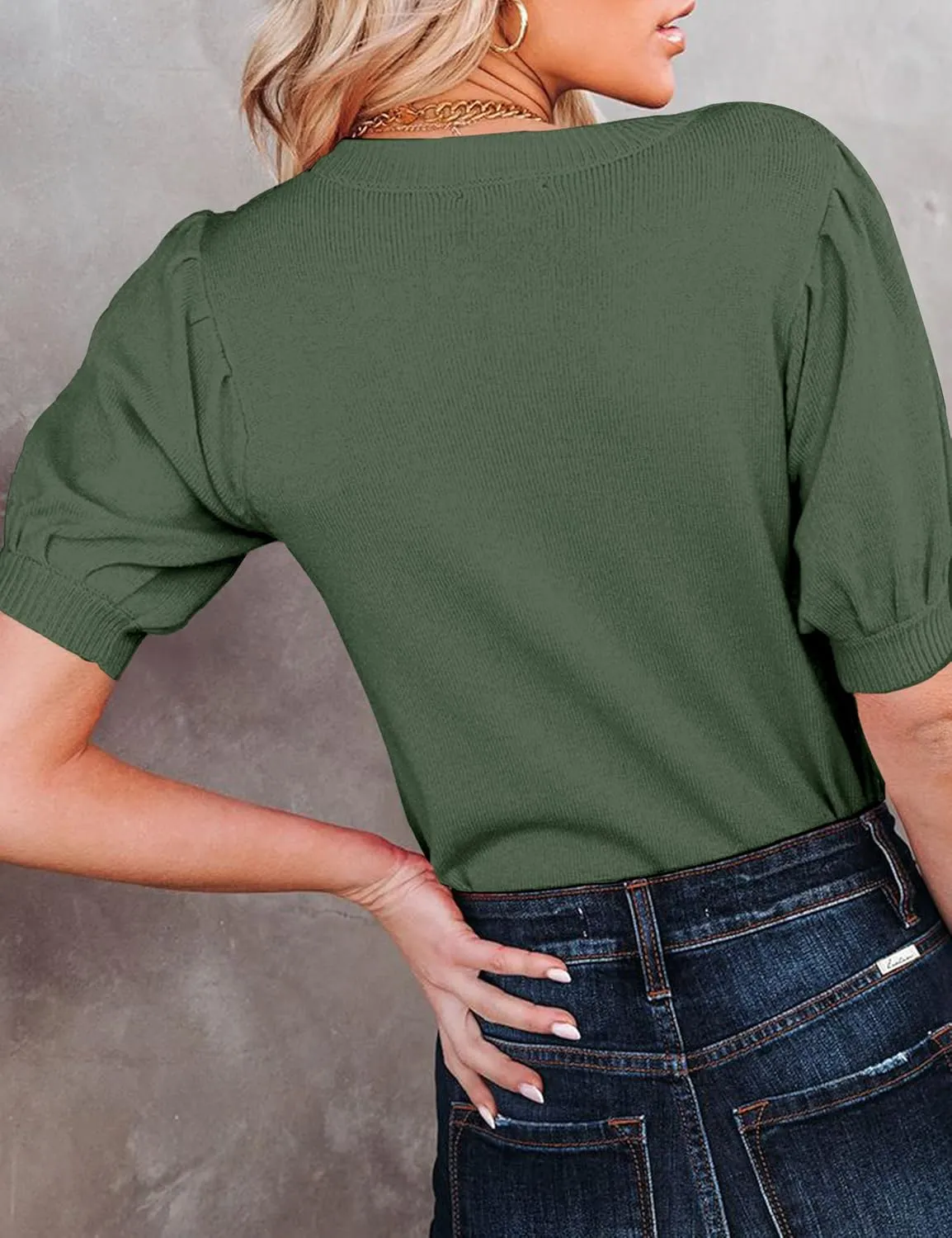 Womens Puff Short Sleeve Sweater Tops Crewneck Basic Knit Pullover Lightweight Solid Casual Sweaters Blouse