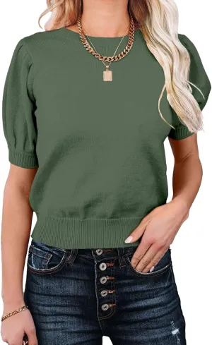 Womens Puff Short Sleeve Sweater Tops Crewneck Basic Knit Pullover Lightweight Solid Casual Sweaters Blouse