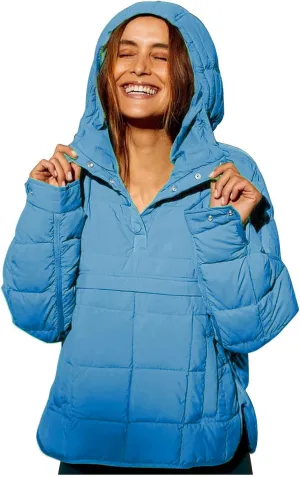 Womens Quilted Puffer Jacket Oversized Long Sleeve Hooded Coats Baggy Short Down Coats Winter Warm Lightweight Outwear