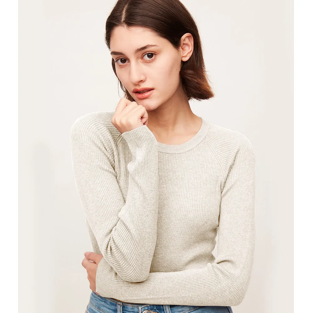 Women's Round Collar Shirt Long Sleeve Slim Fit Knit Pullovers Tops