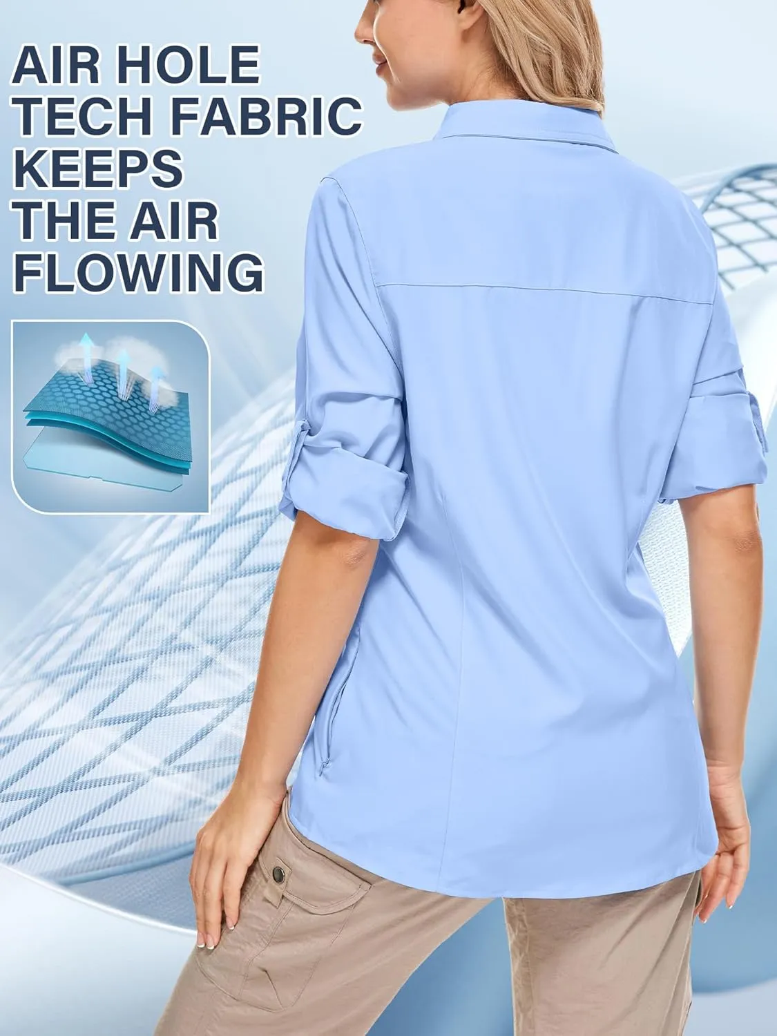 Women's Safari Clothes Long Sleeve UPF50 Sun Protection Quick Dry Shirts Hiking Camping Fishing Trave Teen Girl