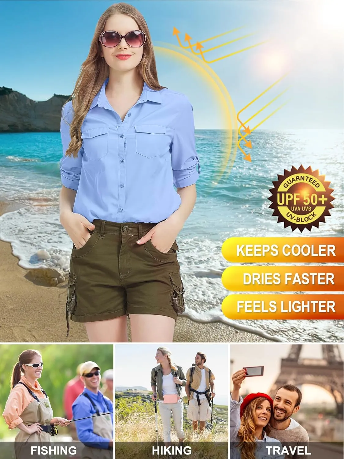 Women's Safari Clothes Long Sleeve UPF50 Sun Protection Quick Dry Shirts Hiking Camping Fishing Trave Teen Girl