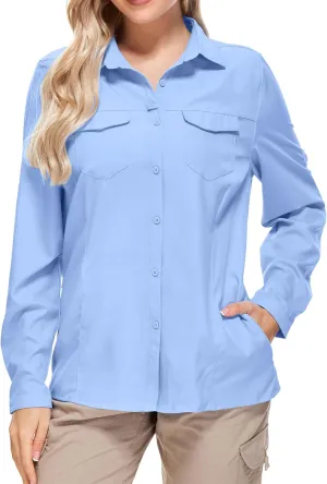 Women's Safari Clothes Long Sleeve UPF50 Sun Protection Quick Dry Shirts Hiking Camping Fishing Trave Teen Girl