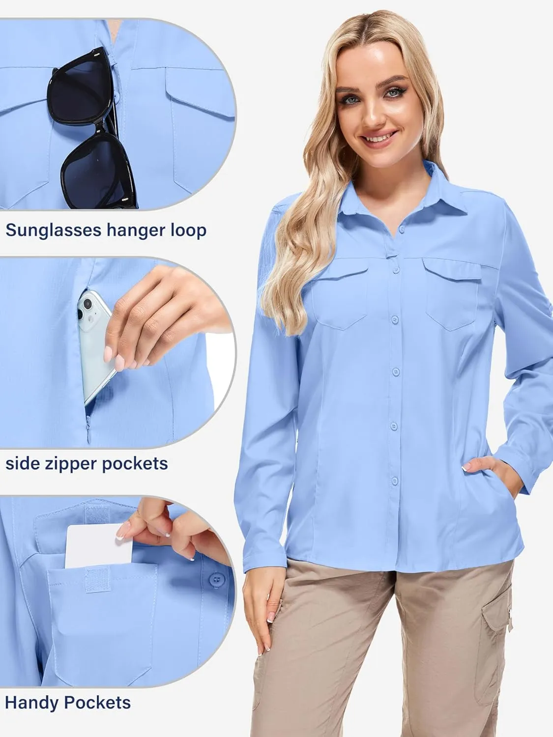 Women's Safari Clothes Long Sleeve UPF50 Sun Protection Quick Dry Shirts Hiking Camping Fishing Trave Teen Girl
