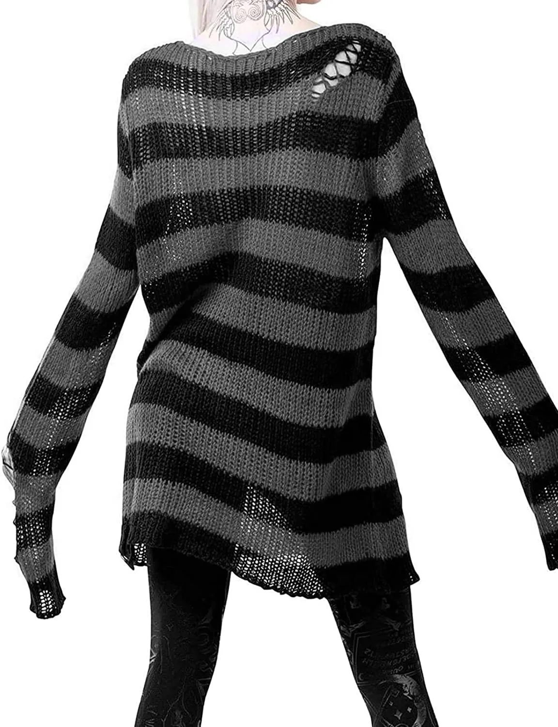 Women's See Through Hole Ripped Striped Long Knit Pullover Dress Sweaters Shirt