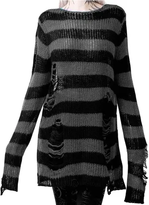 Women's See Through Hole Ripped Striped Long Knit Pullover Dress Sweaters Shirt