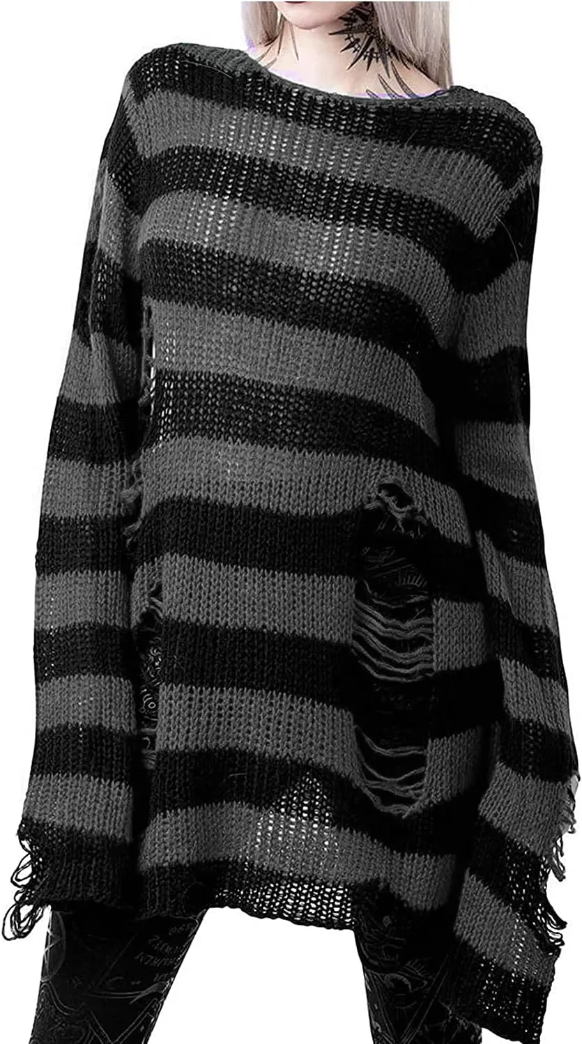 Women's See Through Hole Ripped Striped Long Knit Pullover Dress Sweaters Shirt