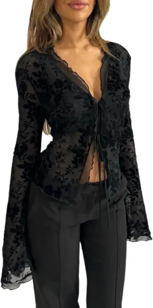 Women's Sheer Mesh Leopard Print Crop Top T Shirt Sexy Lace Deep V Neck Blouse Long Flare Sleeve Slim Tee Shirt