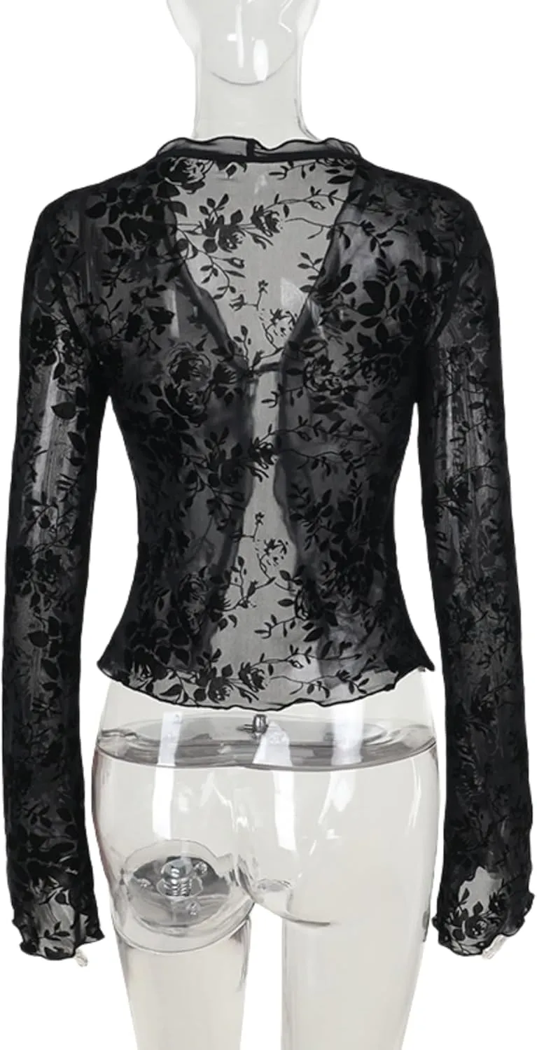 Women's Sheer Mesh Leopard Print Crop Top T Shirt Sexy Lace Deep V Neck Blouse Long Flare Sleeve Slim Tee Shirt