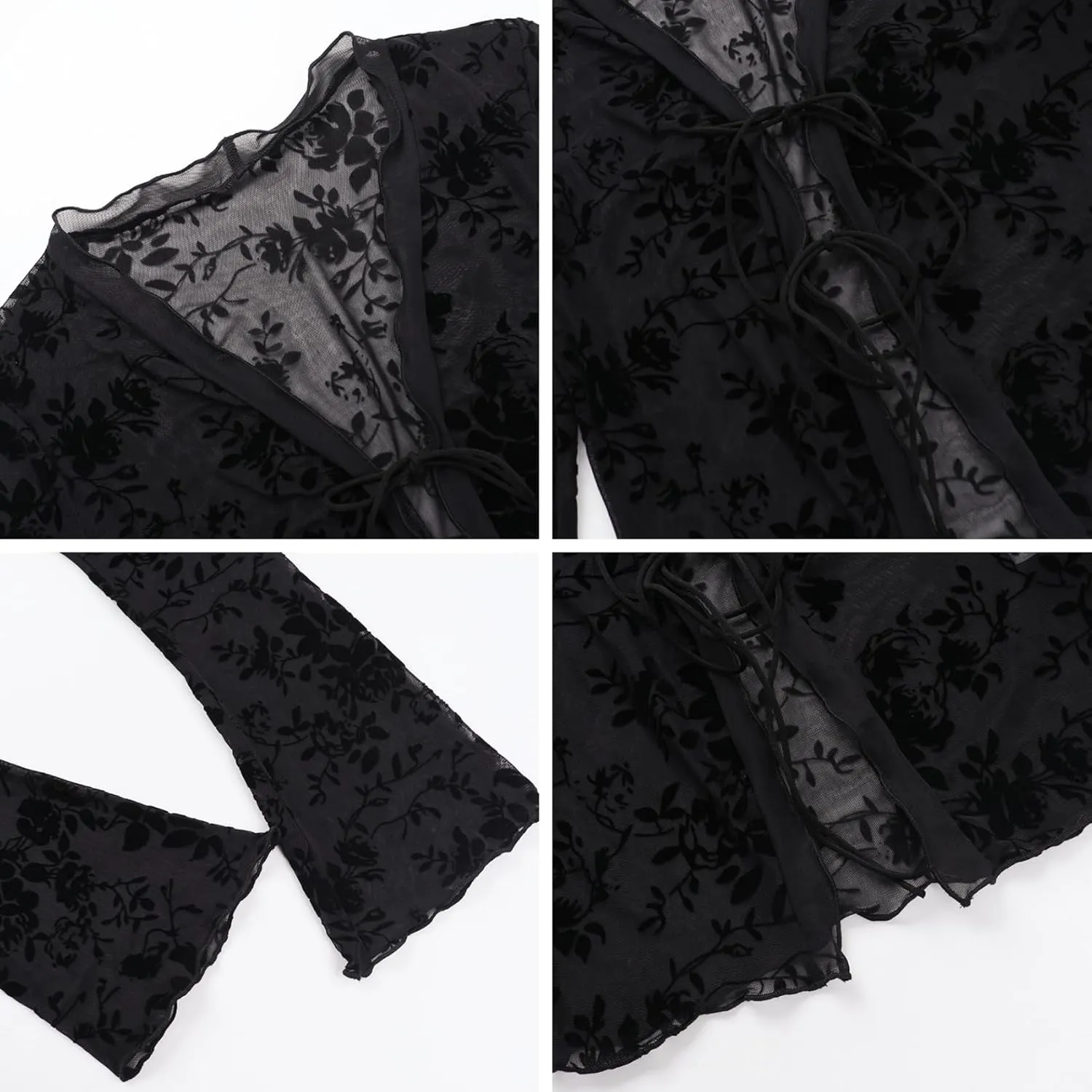 Women's Sheer Mesh Leopard Print Crop Top T Shirt Sexy Lace Deep V Neck Blouse Long Flare Sleeve Slim Tee Shirt