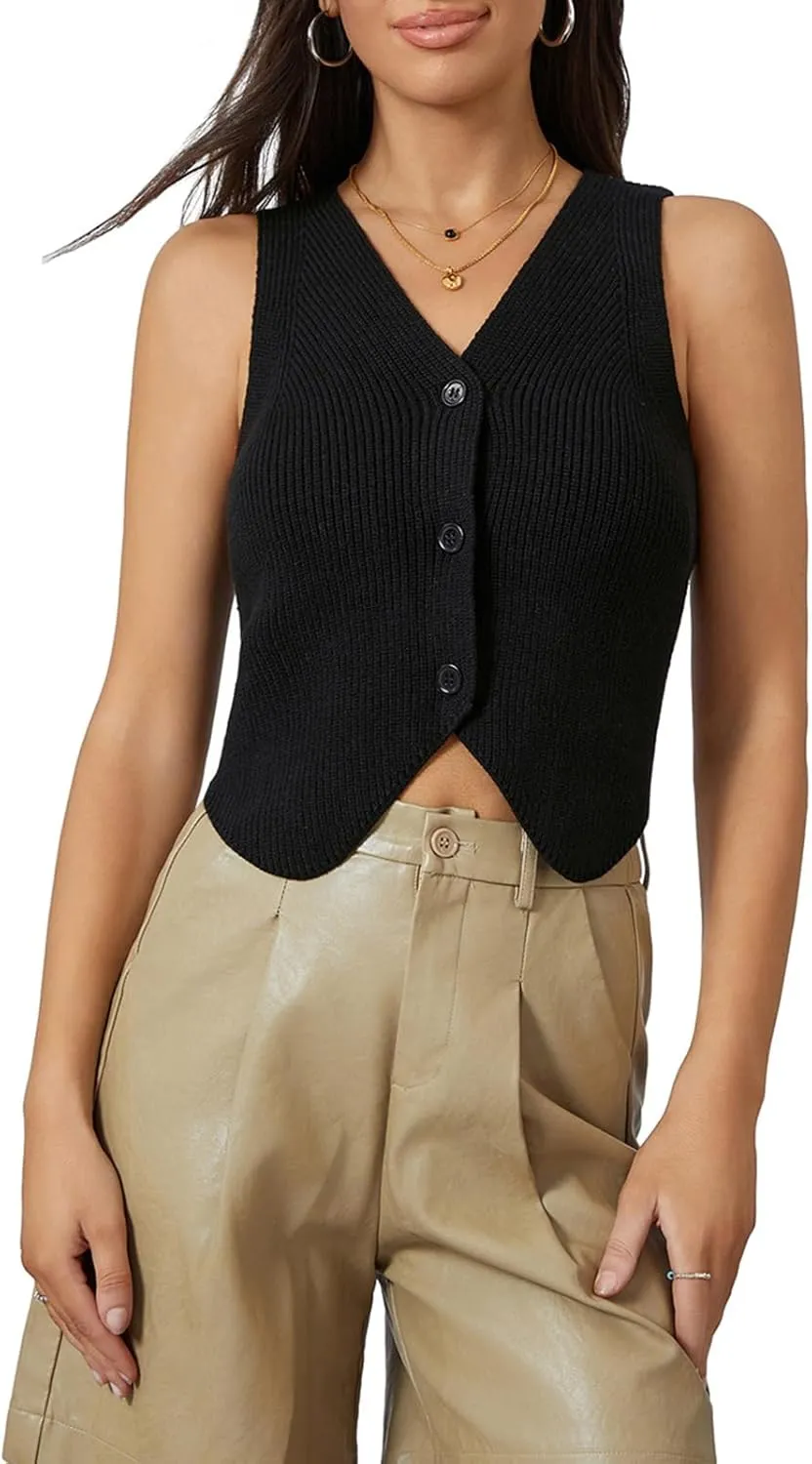 Women's Sleeveless Sweater Vest Knit V Neck Button Going Out Tops Casual Spring Summer Waistcoat Cardigan
