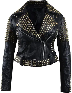 Womens Spikes Brando Biker Vintage Motorcycle Studded Black Leather Jacket