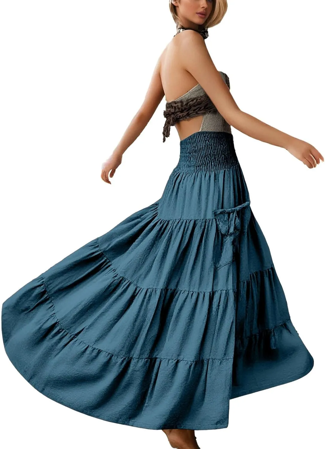 Women's Summer Boho Flowy Swing Tiered A-Line Midi Skirt 2025 Fashion Cotton Elastic Waist Pleated Long Beach Dress