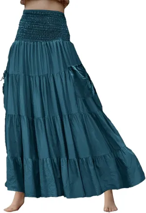 Women's Summer Boho Flowy Swing Tiered A-Line Midi Skirt 2025 Fashion Cotton Elastic Waist Pleated Long Beach Dress