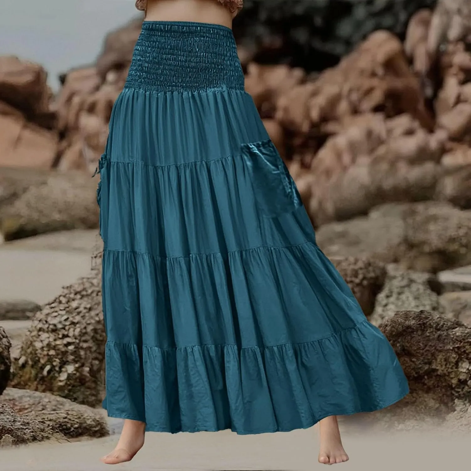 Women's Summer Boho Flowy Swing Tiered A-Line Midi Skirt 2025 Fashion Cotton Elastic Waist Pleated Long Beach Dress