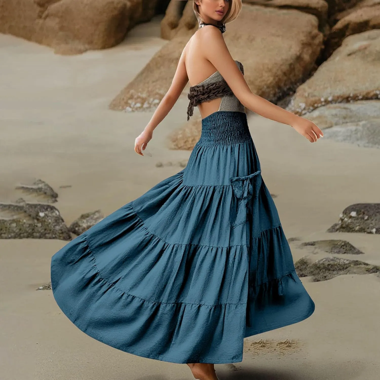 Women's Summer Boho Flowy Swing Tiered A-Line Midi Skirt 2025 Fashion Cotton Elastic Waist Pleated Long Beach Dress