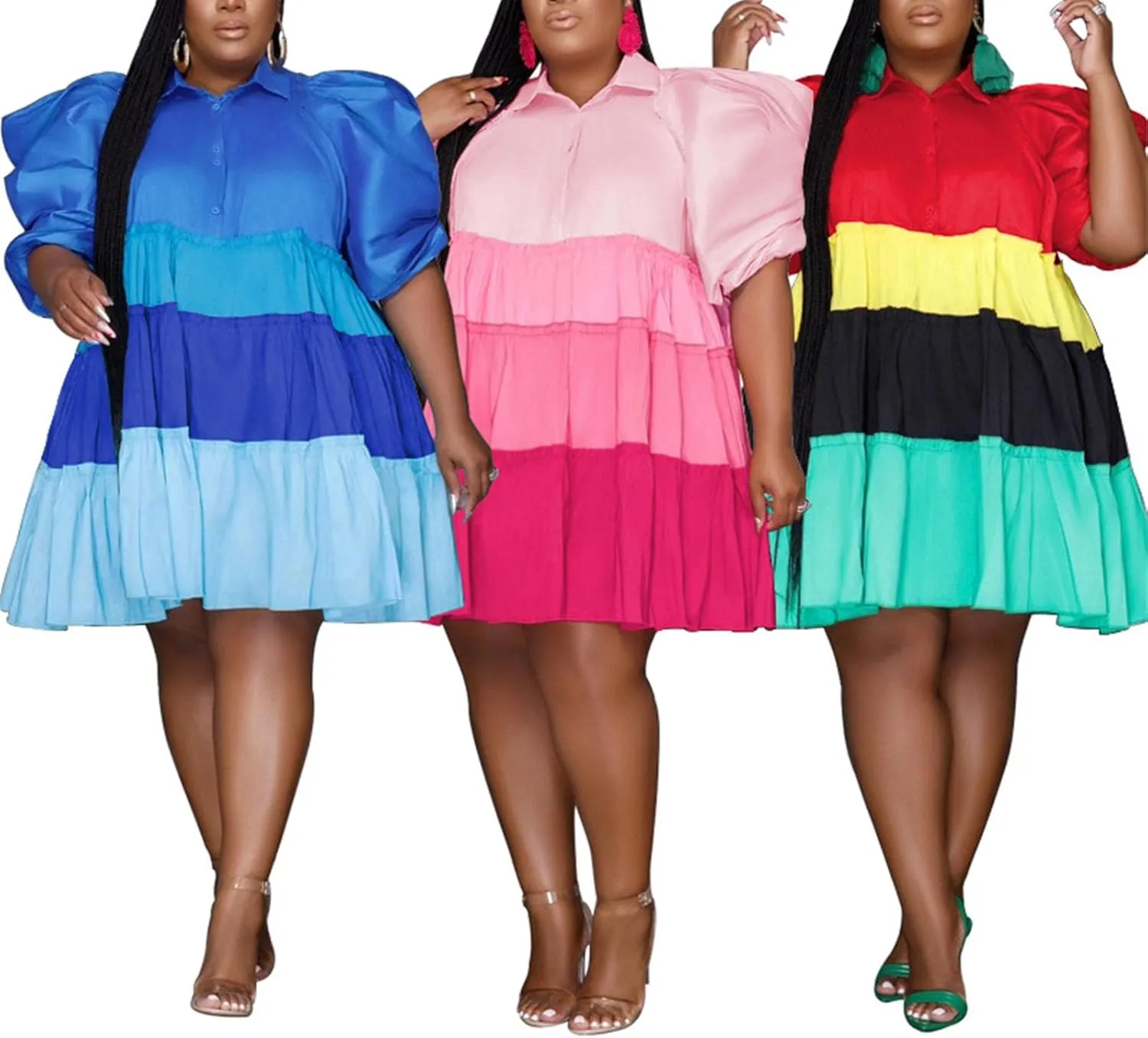 Women's Summer Colorblock Plus Size Mini Shirt Frill Trim Puff Short Sleeve Babydoll Mini Dress