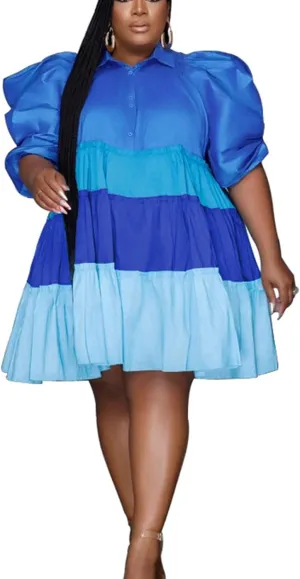 Women's Summer Colorblock Plus Size Mini Shirt Frill Trim Puff Short Sleeve Babydoll Mini Dress