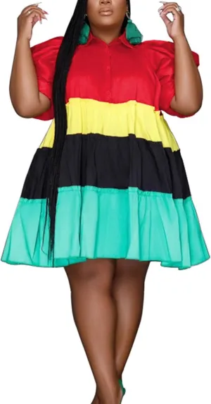 Women's Summer Colorblock Plus Size Mini Shirt Frill Trim Puff Short Sleeve Babydoll Mini Dress