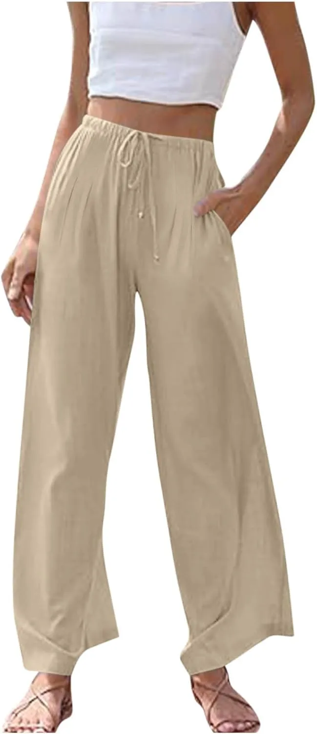 Women's Summer Cotton Linen Pants Flowy Wide Leg Beach Palazzo Pant Casual Lightweight Boho Trousers with Pockets