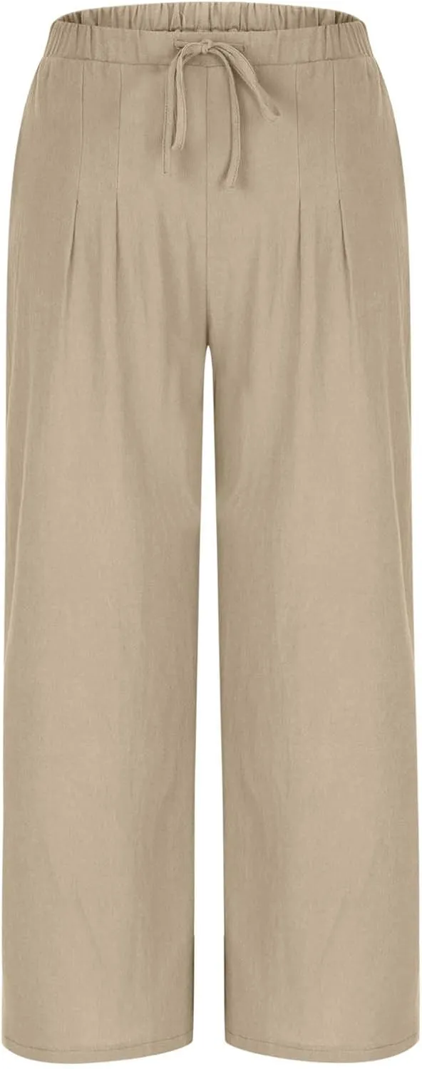 Women's Summer Cotton Linen Pants Flowy Wide Leg Beach Palazzo Pant Casual Lightweight Boho Trousers with Pockets