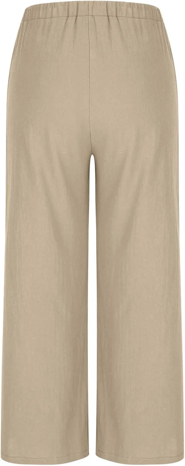 Women's Summer Cotton Linen Pants Flowy Wide Leg Beach Palazzo Pant Casual Lightweight Boho Trousers with Pockets