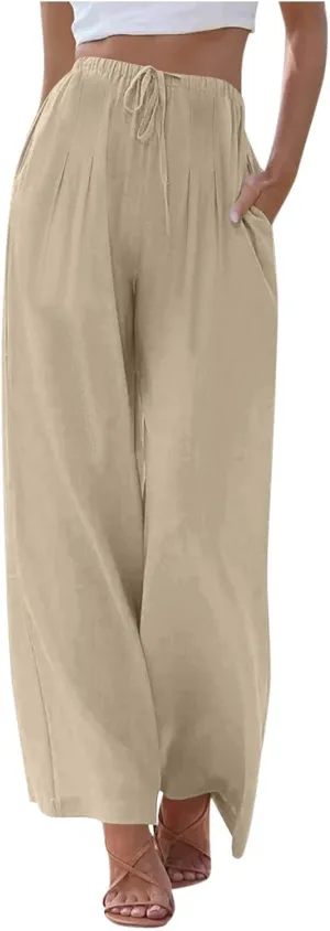 Women's Summer Cotton Linen Pants Flowy Wide Leg Beach Palazzo Pant Casual Lightweight Boho Trousers with Pockets