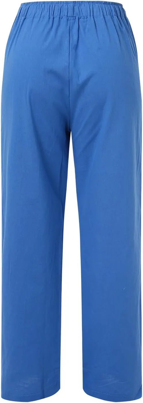 Womens Summer Linen Pants Wide Leg Casual Palazzo Pant Lounge High Waisted Beach Long Trousers Pants with Pockets