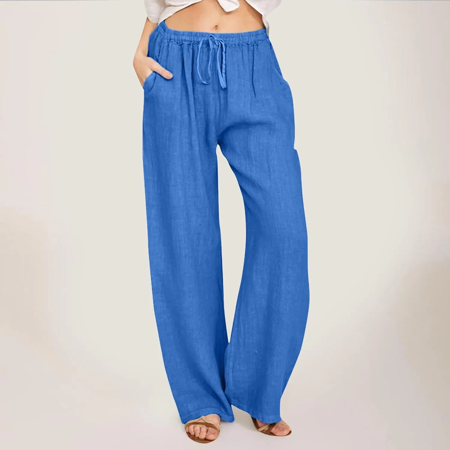 Womens Summer Linen Pants Wide Leg Casual Palazzo Pant Lounge High Waisted Beach Long Trousers Pants with Pockets