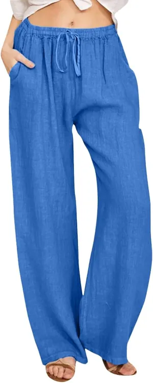 Womens Summer Linen Pants Wide Leg Casual Palazzo Pant Lounge High Waisted Beach Long Trousers Pants with Pockets