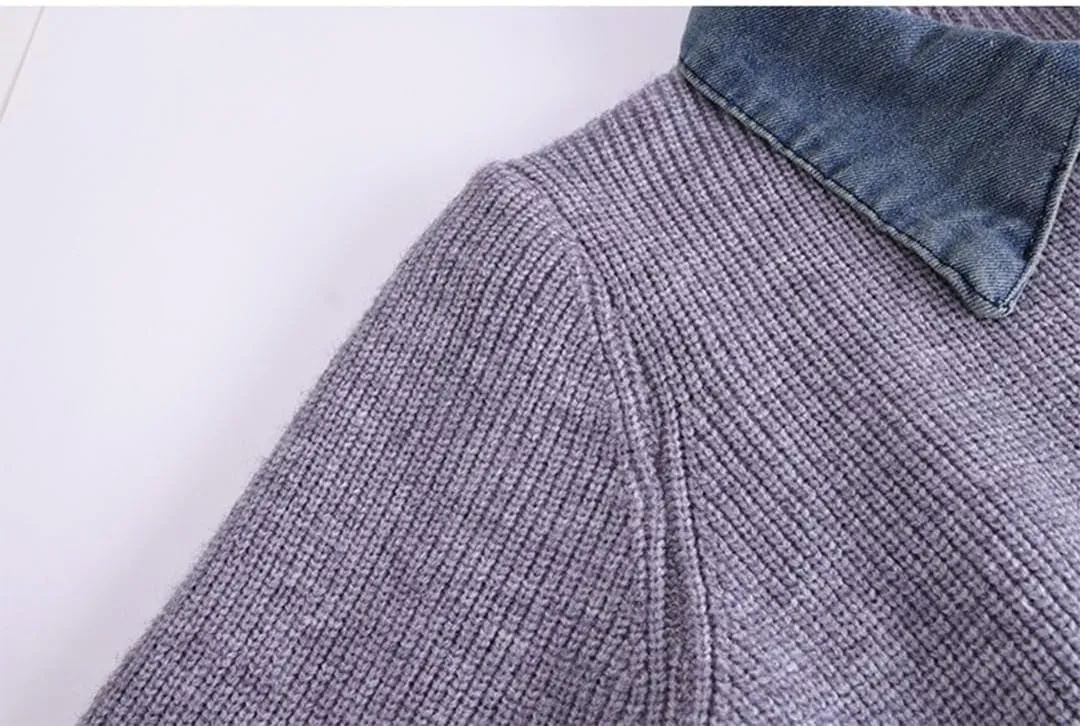 Womens Sweaters Patchwork Denim Sweater Cardigan Long Sleeve Chunky Knit Cardigans Fall Cardigan