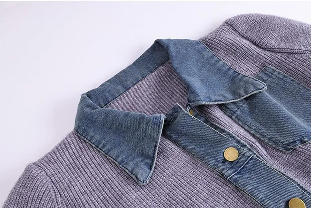Womens Sweaters Patchwork Denim Sweater Cardigan Long Sleeve Chunky Knit Cardigans Fall Cardigan