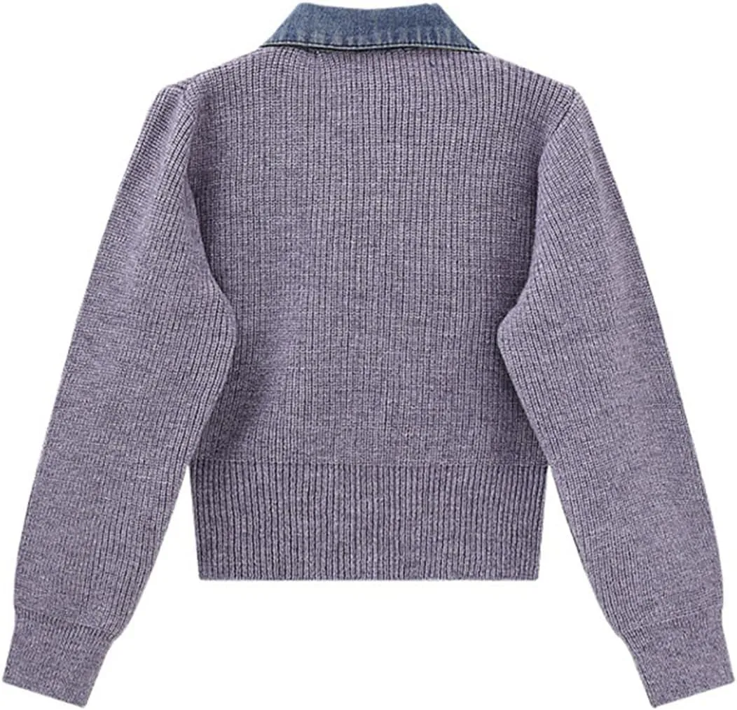 Womens Sweaters Patchwork Denim Sweater Cardigan Long Sleeve Chunky Knit Cardigans Fall Cardigan