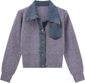 Womens Sweaters Patchwork Denim Sweater Cardigan Long Sleeve Chunky Knit Cardigans Fall Cardigan