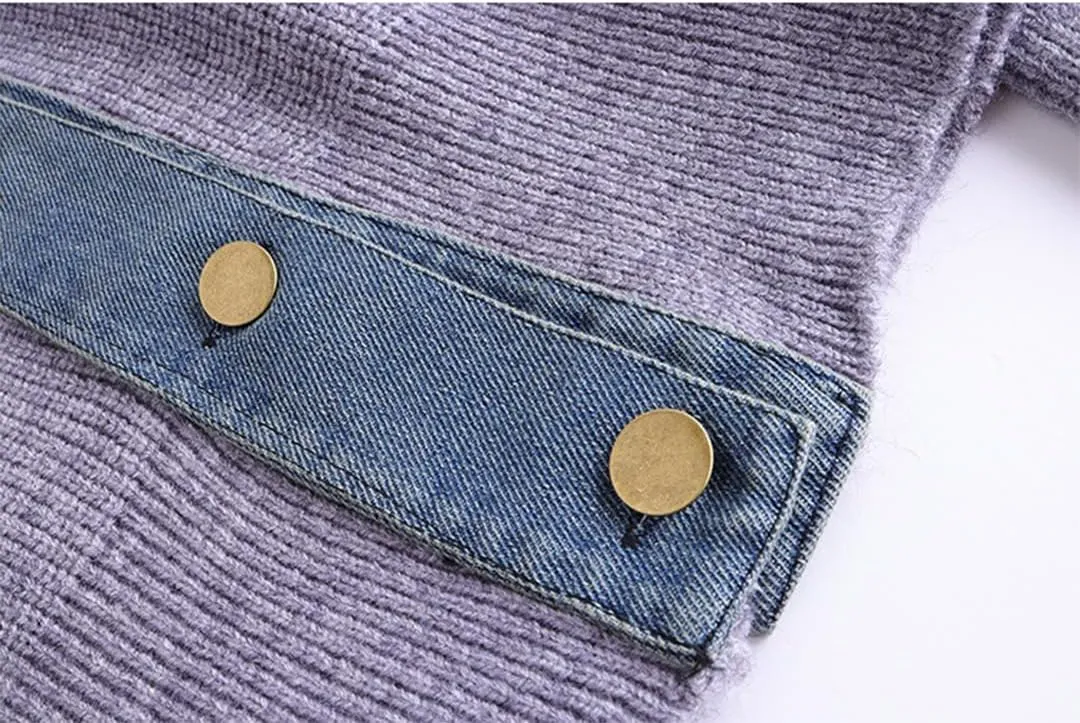 Womens Sweaters Patchwork Denim Sweater Cardigan Long Sleeve Chunky Knit Cardigans Fall Cardigan