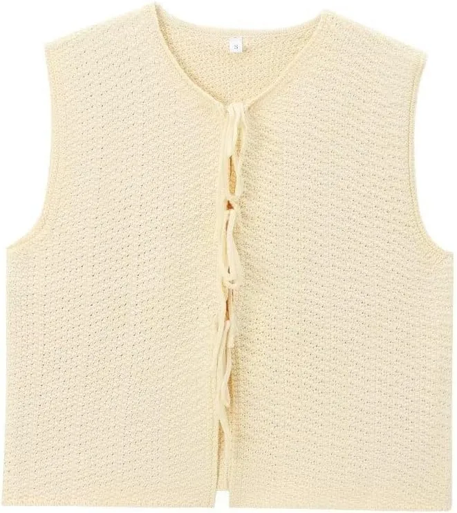 Women's Trendy Tie Front Vest Top Casual Crochet Sweater Vest Sleeveless Crew Neck Open Front Knit Y2k Cardigan