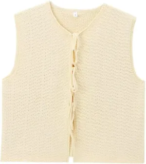 Women's Trendy Tie Front Vest Top Casual Crochet Sweater Vest Sleeveless Crew Neck Open Front Knit Y2k Cardigan