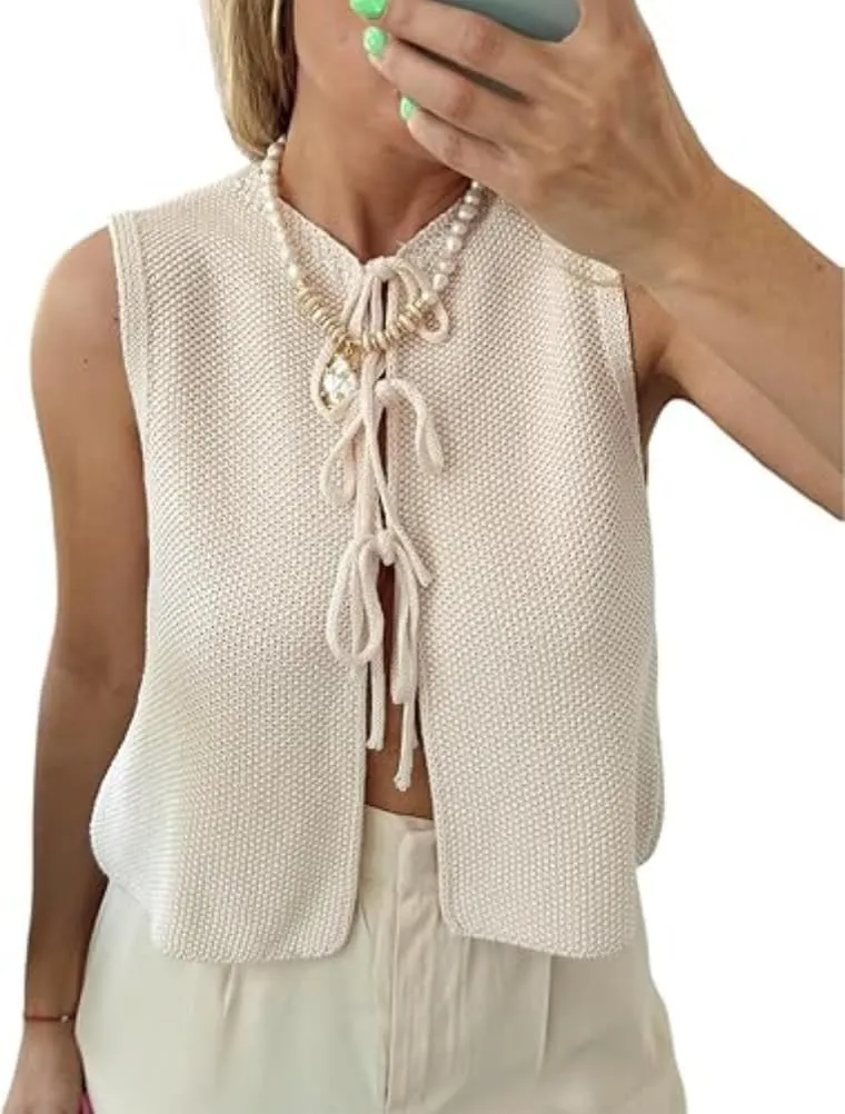 Women's Trendy Tie Front Vest Top Casual Crochet Sweater Vest Sleeveless Crew Neck Open Front Knit Y2k Cardigan