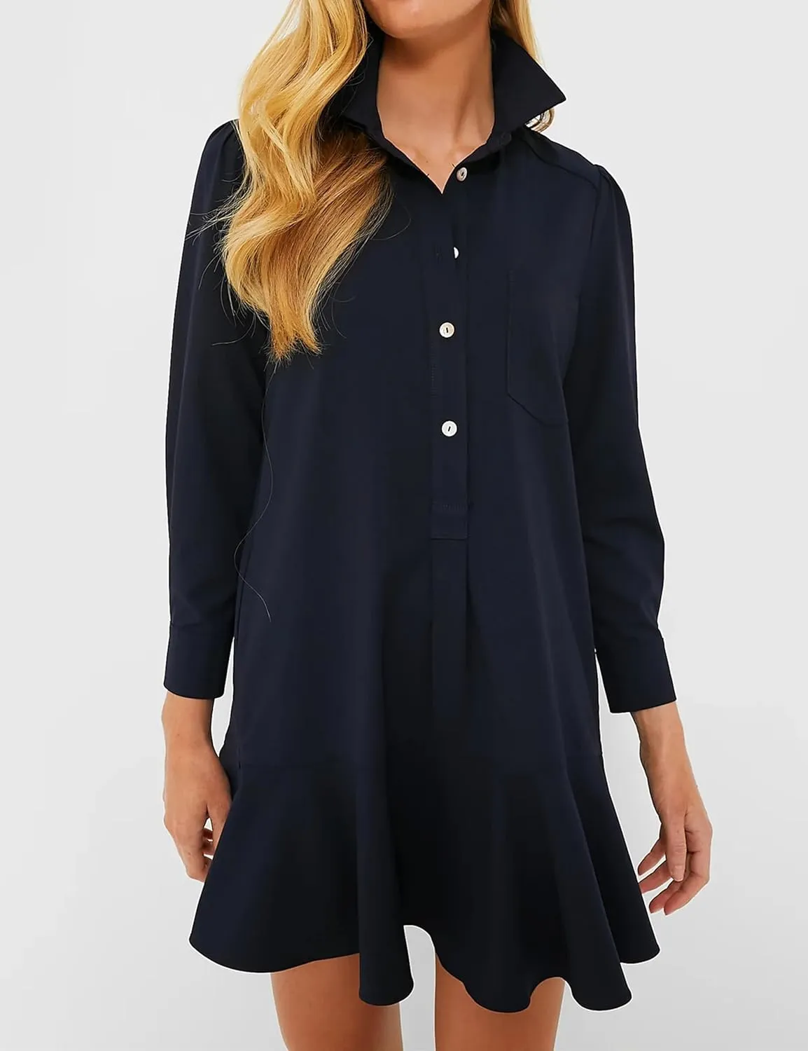 Women's Tunic Shirt Mini Dress Long Sleeve Cotton Drop Waist Collar Short Dress Button Up Ruffle Hem Shift Dresses