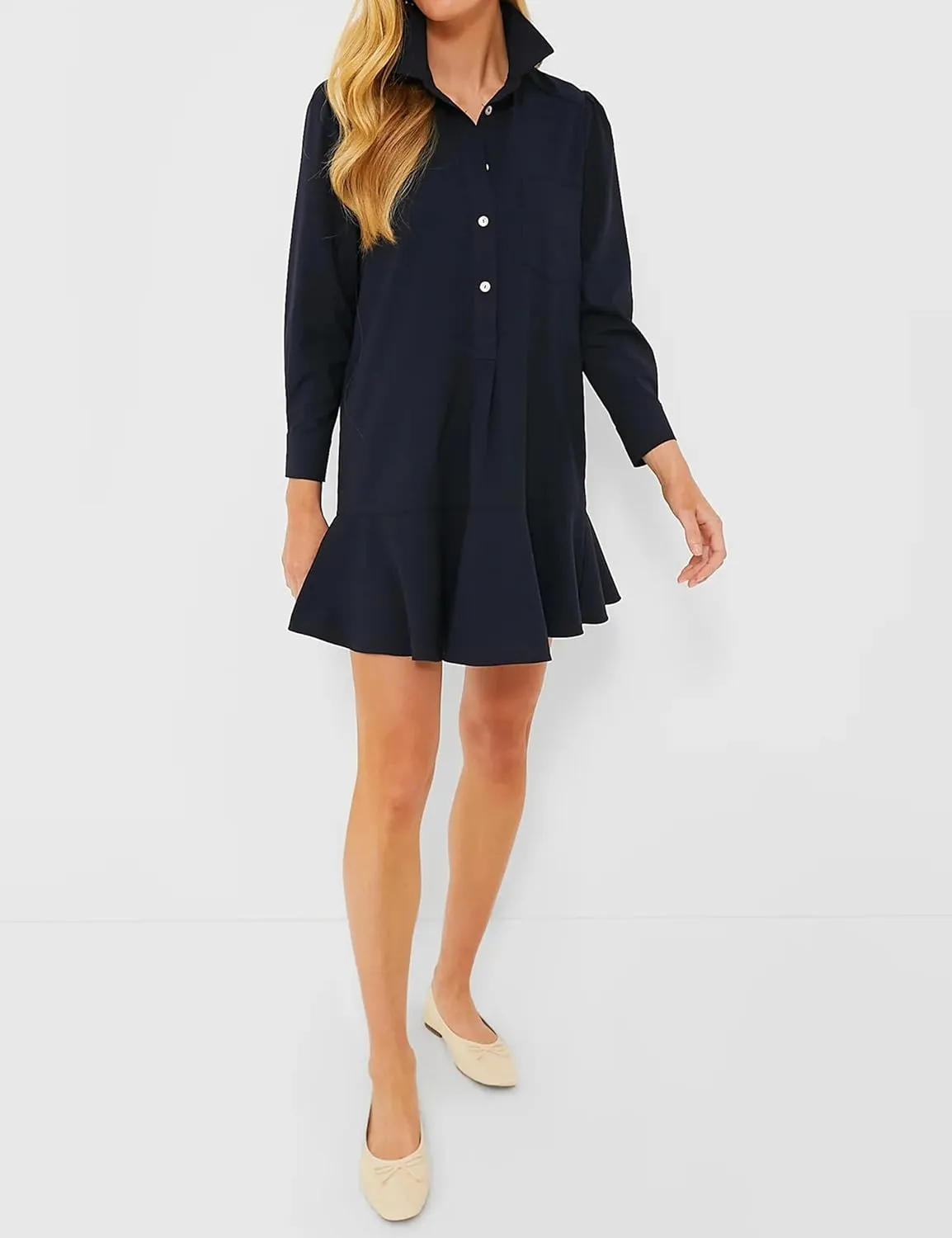 Women's Tunic Shirt Mini Dress Long Sleeve Cotton Drop Waist Collar Short Dress Button Up Ruffle Hem Shift Dresses