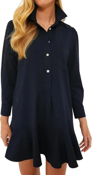 Women's Tunic Shirt Mini Dress Long Sleeve Cotton Drop Waist Collar Short Dress Button Up Ruffle Hem Shift Dresses