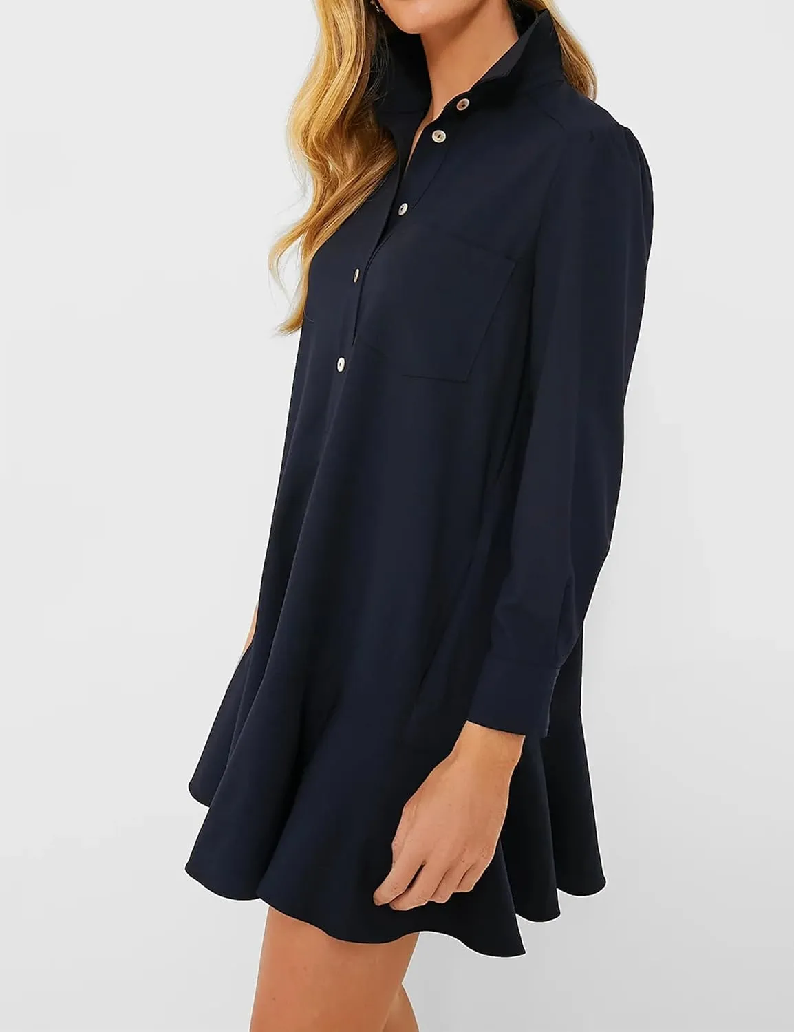 Women's Tunic Shirt Mini Dress Long Sleeve Cotton Drop Waist Collar Short Dress Button Up Ruffle Hem Shift Dresses